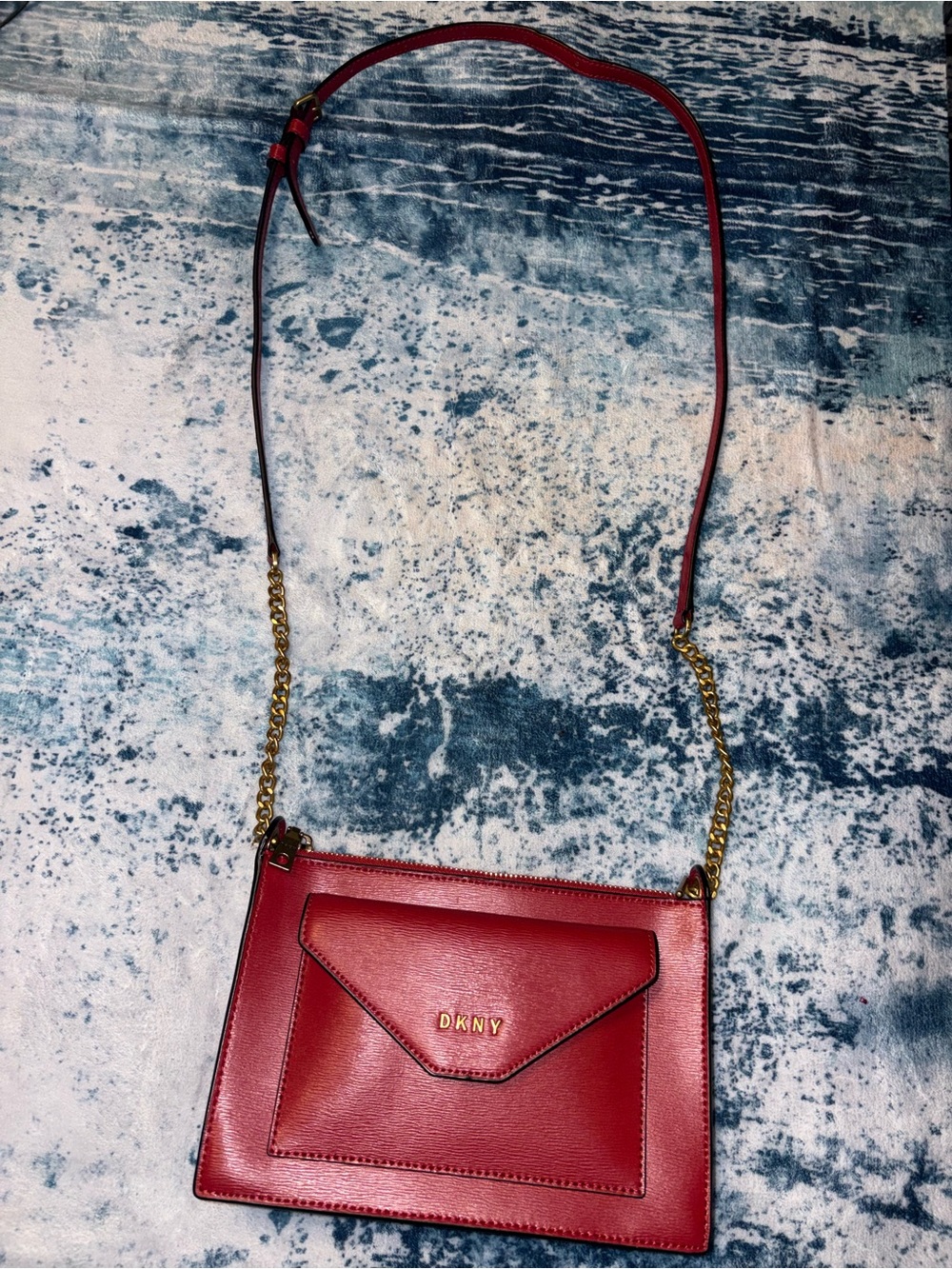 DKNY Red Leather Envelope Crossbody with Gold Chain